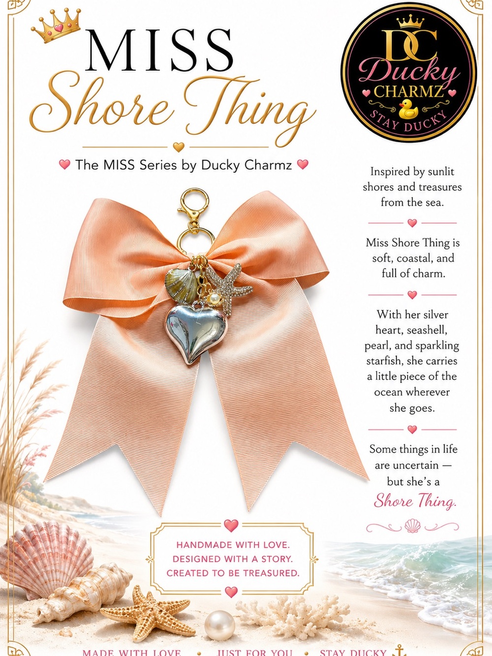 Miss Shore Thing Peach Bow Key & Card Holder with Silver Heart Charm
